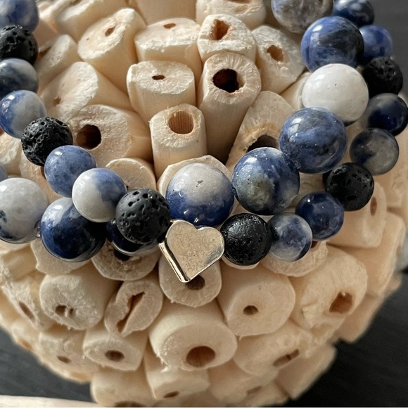 Sodalite & Lava Stone - Handmade Beaded Bracelet Set - Picture 4 of 10